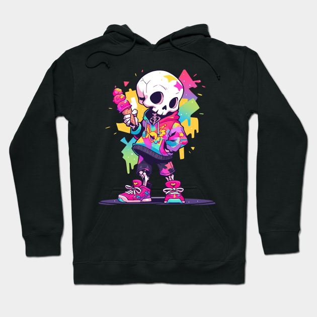 Cute and Creepy Fun Skater Skeleton Pastel Goth Design Hoodie by The Little Store Of Magic